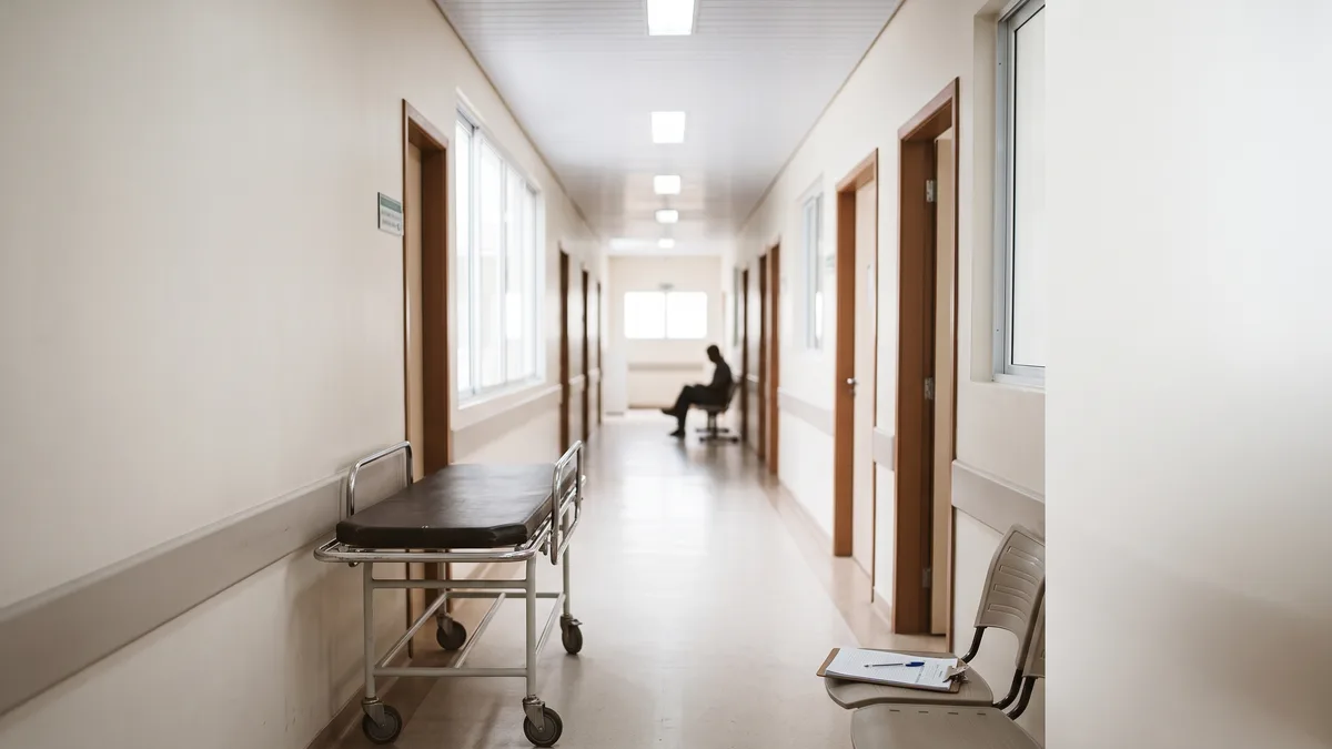 Corredor vazio de hospital público, com maca sem paciente, prancheta de documentos em primeiro plano e uma pessoa aguardando ao fundo